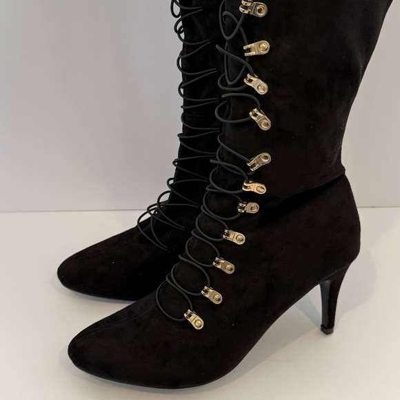 Journee Collection Black Over the Knee Boots with Gold Details - Picture 3 of 9
